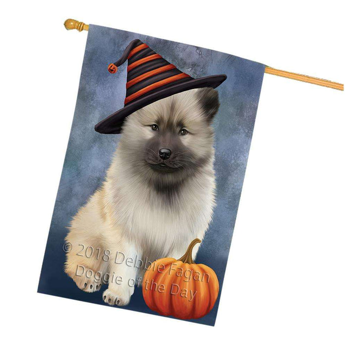 Happy Halloween Keeshond Dog Wearing Witch Hat with Pumpkin House Flag FLG55061