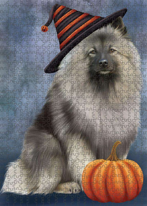 Happy Halloween Keeshond Dog Wearing Witch Hat with Pumpkin Puzzle with Photo Tin PUZL86604