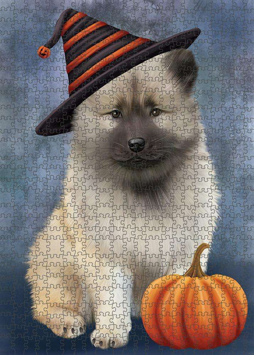 Happy Halloween Keeshond Dog Wearing Witch Hat with Pumpkin Puzzle with Photo Tin PUZL86608
