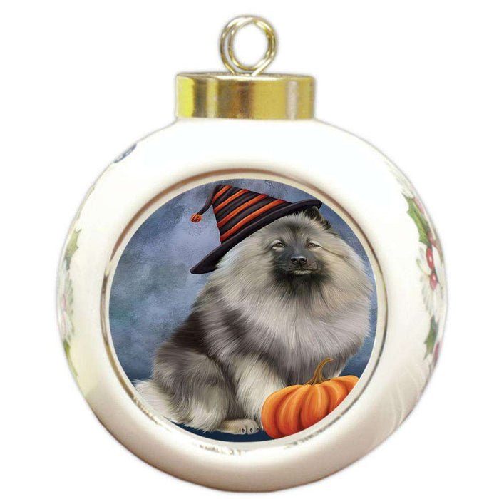 Happy Halloween Keeshond Dog Wearing Witch Hat with Pumpkin Round Ball Christmas Ornament RBPOR54862