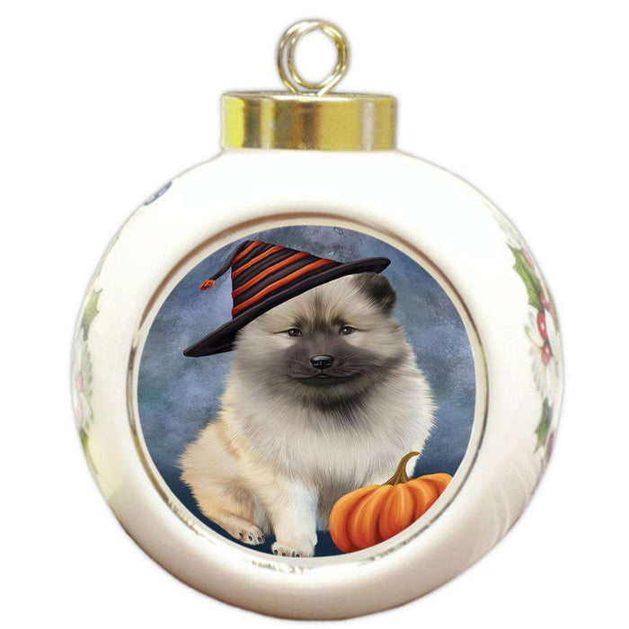 Happy Halloween Keeshond Dog Wearing Witch Hat with Pumpkin Round Ball Christmas Ornament RBPOR54863