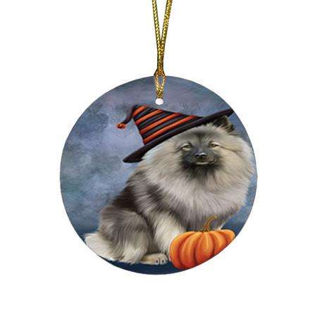 Happy Halloween Keeshond Dog Wearing Witch Hat with Pumpkin Round Flat Christmas Ornament RFPOR54853