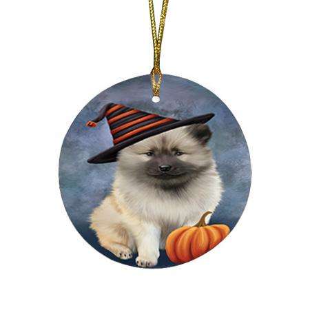 Happy Halloween Keeshond Dog Wearing Witch Hat with Pumpkin Round Flat Christmas Ornament RFPOR54854