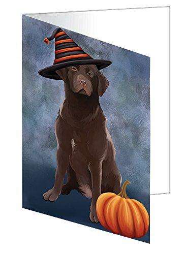 Happy Halloween Labrador Dog Wearing Witch Hat with Pumpkin Handmade Artwork Assorted Pets Greeting Cards and Note Cards with Envelopes for All Occasions and Holiday Seasons D489