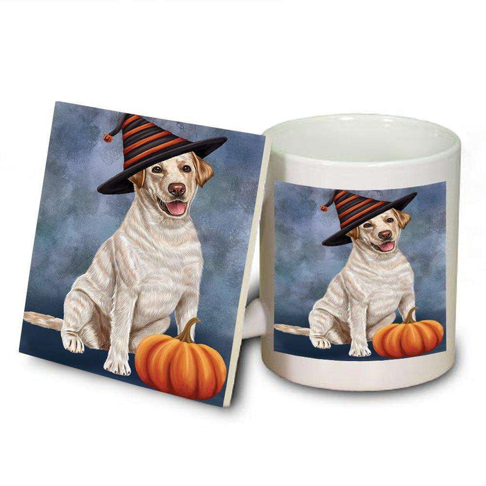 Happy Halloween Labrador Dog Wearing Witch Hat with Pumpkin Mug and Coaster Set