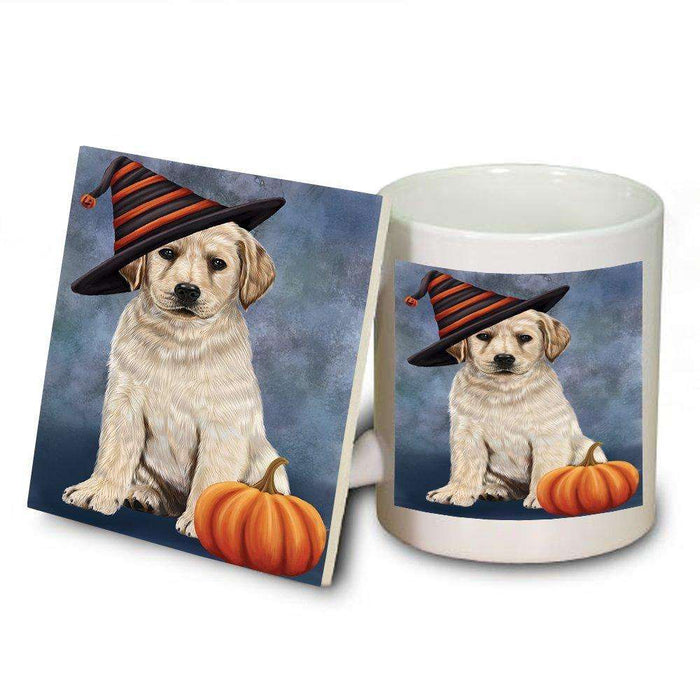 Happy Halloween Labrador Dog Wearing Witch Hat with Pumpkin Mug and Coaster Set