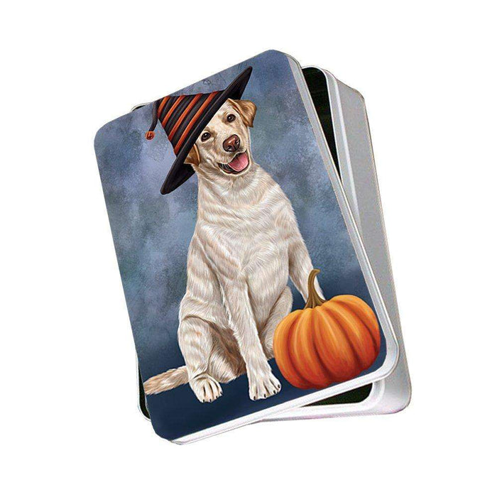 Happy Halloween Labrador Dog Wearing Witch Hat with Pumpkin Photo Storage Tin