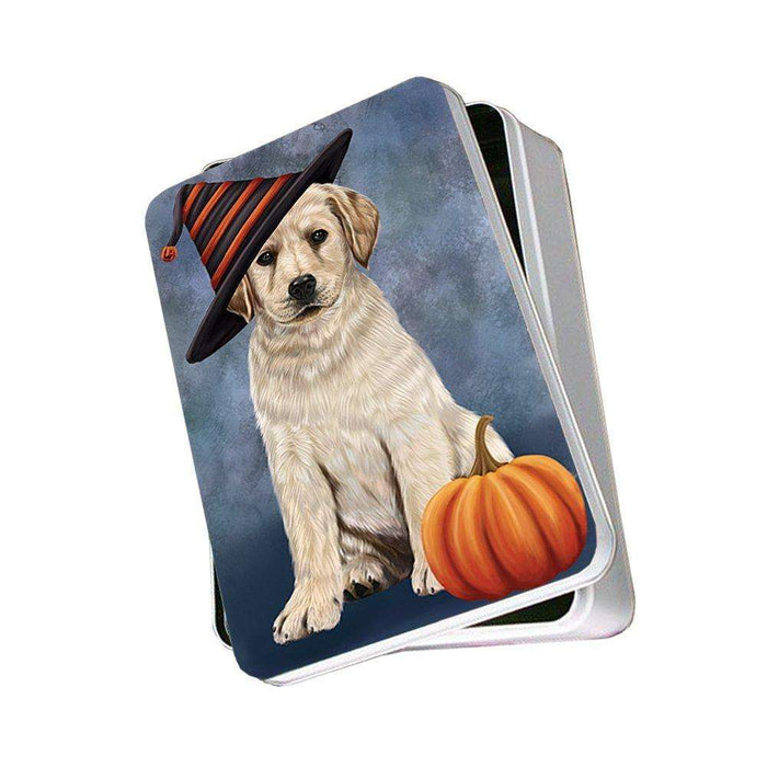 Happy Halloween Labrador Dog Wearing Witch Hat with Pumpkin Photo Storage Tin