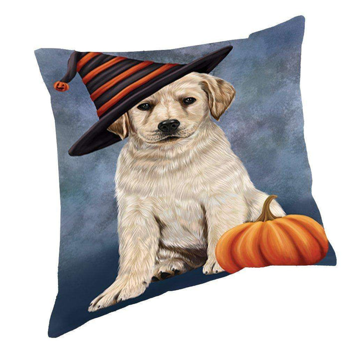 Happy Halloween Labrador Dog Wearing Witch Hat with Pumpkin Throw Pillow