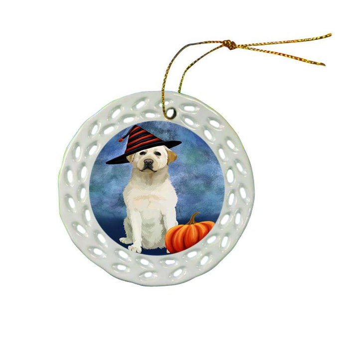 Happy Halloween Labrador Retriever Dog Wearing Witch Hat with Pumpkin Ceramic Doily Ornament DPOR55088