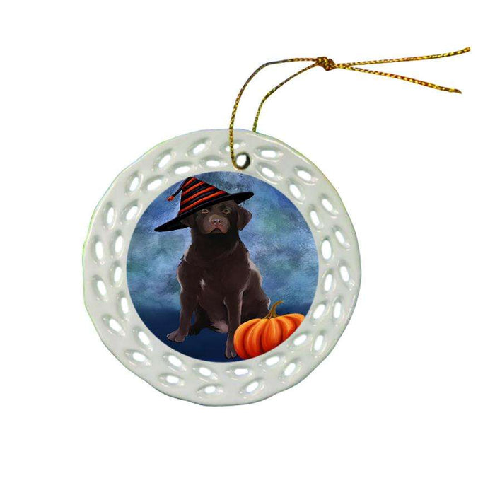 Happy Halloween Labrador Retriever Dog Wearing Witch Hat with Pumpkin Ceramic Doily Ornament DPOR55089