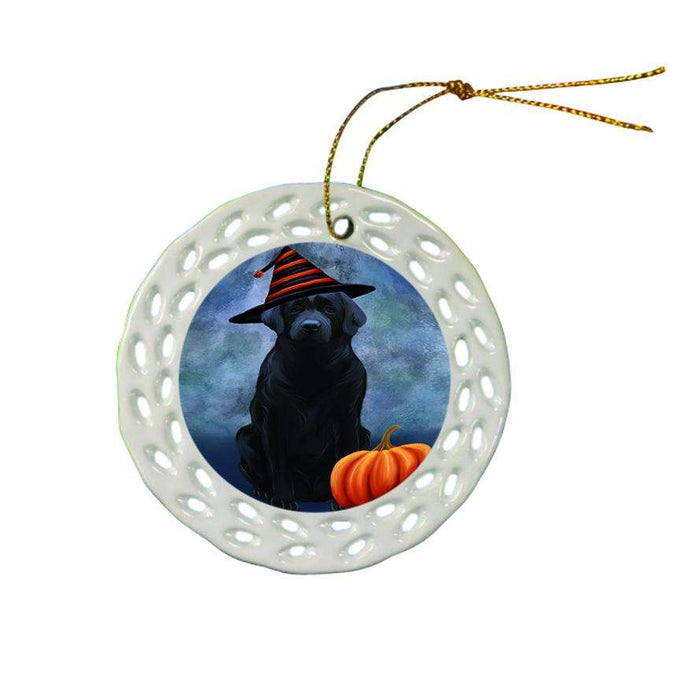 Happy Halloween Labrador Retriever Dog Wearing Witch Hat with Pumpkin Ceramic Doily Ornament DPOR55091