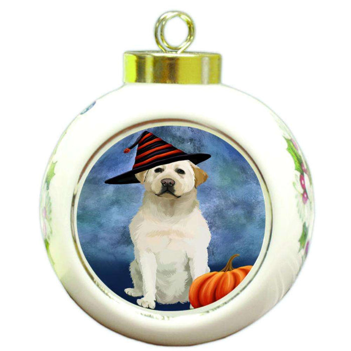Happy Halloween Labrador Retriever Dog Wearing Witch Hat with Pumpkin Round Ball Christmas Ornament RBPOR55088
