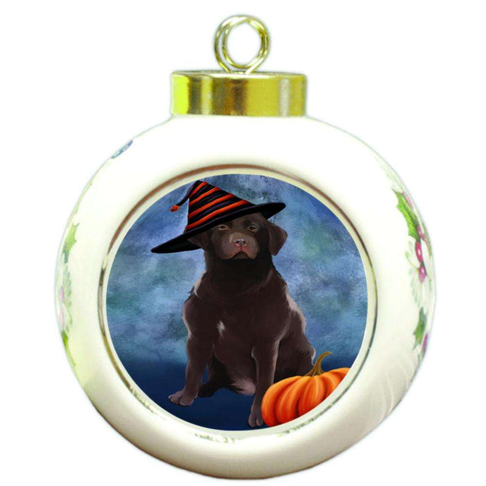 Happy Halloween Labrador Retriever Dog Wearing Witch Hat with Pumpkin Round Ball Christmas Ornament RBPOR55089