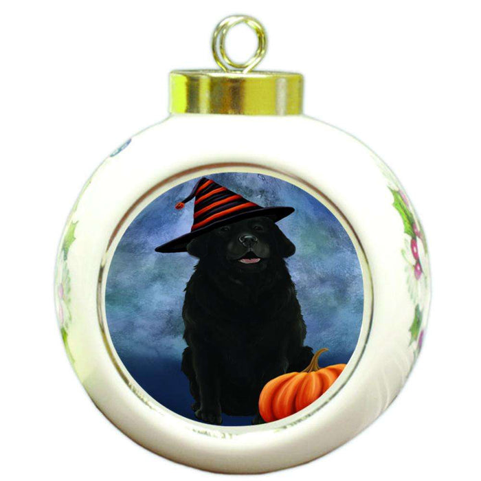 Happy Halloween Labrador Retriever Dog Wearing Witch Hat with Pumpkin Round Ball Christmas Ornament RBPOR55090