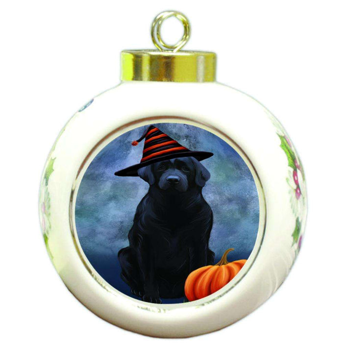 Happy Halloween Labrador Retriever Dog Wearing Witch Hat with Pumpkin Round Ball Christmas Ornament RBPOR55091