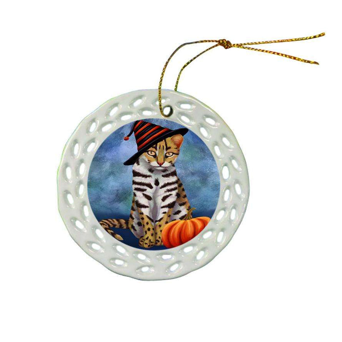 Happy Halloween Leopard Cat Wearing Witch Hat with Pumpkin Ceramic Doily Ornament DPOR55029