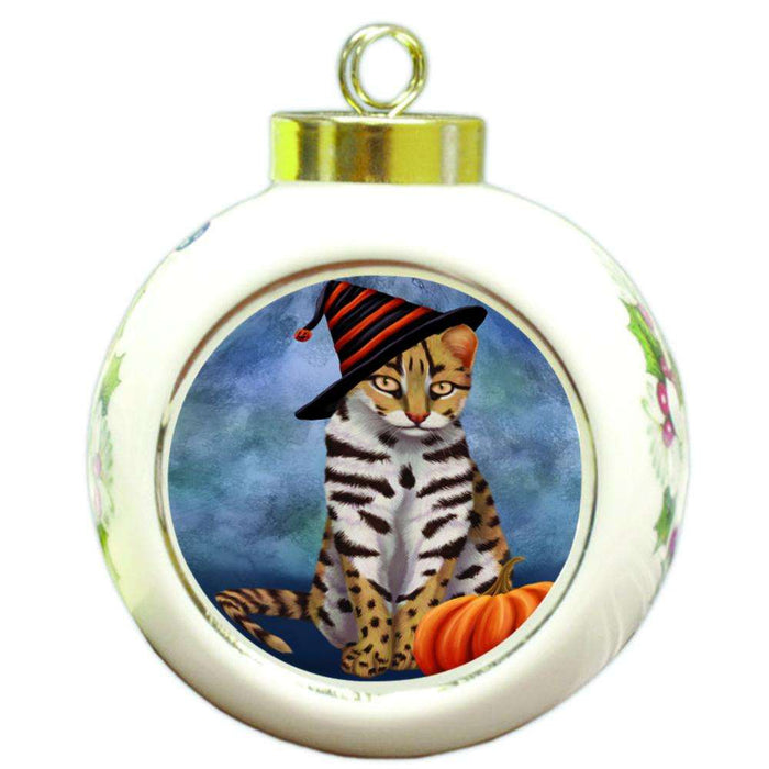 Happy Halloween Leopard Cat Wearing Witch Hat with Pumpkin Round Ball Christmas Ornament RBPOR55029
