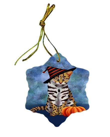 Happy Halloween Leopard Cat Wearing Witch Hat with Pumpkin Star Porcelain Ornament SPOR55020