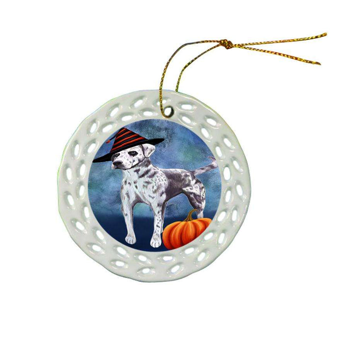 Happy Halloween Louisiana Catahoula Dog Wearing Witch Hat with Pumpkin Ceramic Doily Ornament DPOR55030