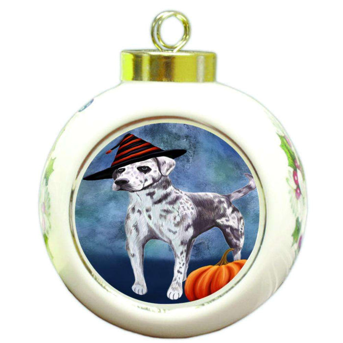 Happy Halloween Louisiana Catahoula Dog Wearing Witch Hat with Pumpkin Round Ball Christmas Ornament RBPOR55030