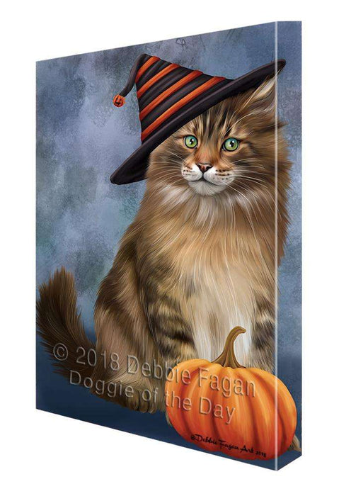 Happy Halloween Maine Coon Cat Wearing Witch Hat with Pumpkin Canvas Print Wall Art Décor CVS111626