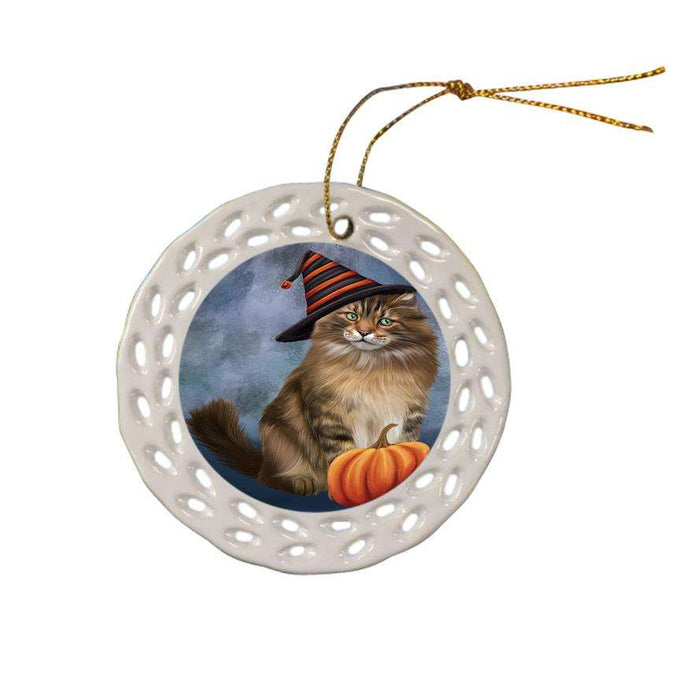Happy Halloween Maine Coon Cat Wearing Witch Hat with Pumpkin Ceramic Doily Ornament DPOR54864