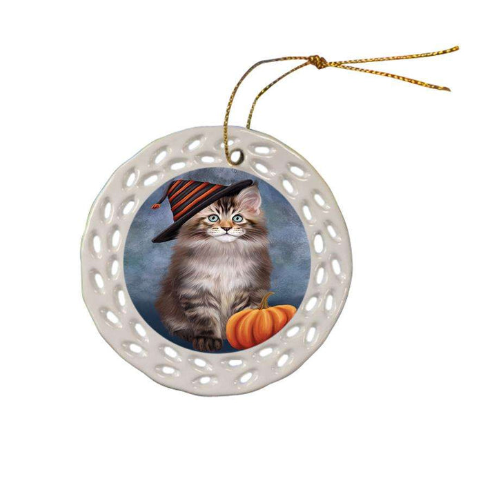 Happy Halloween Maine Coon Cat Wearing Witch Hat with Pumpkin Ceramic Doily Ornament DPOR54865