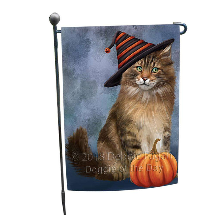 Happy Halloween Maine Coon Cat Wearing Witch Hat with Pumpkin Garden Flag GFLG54926