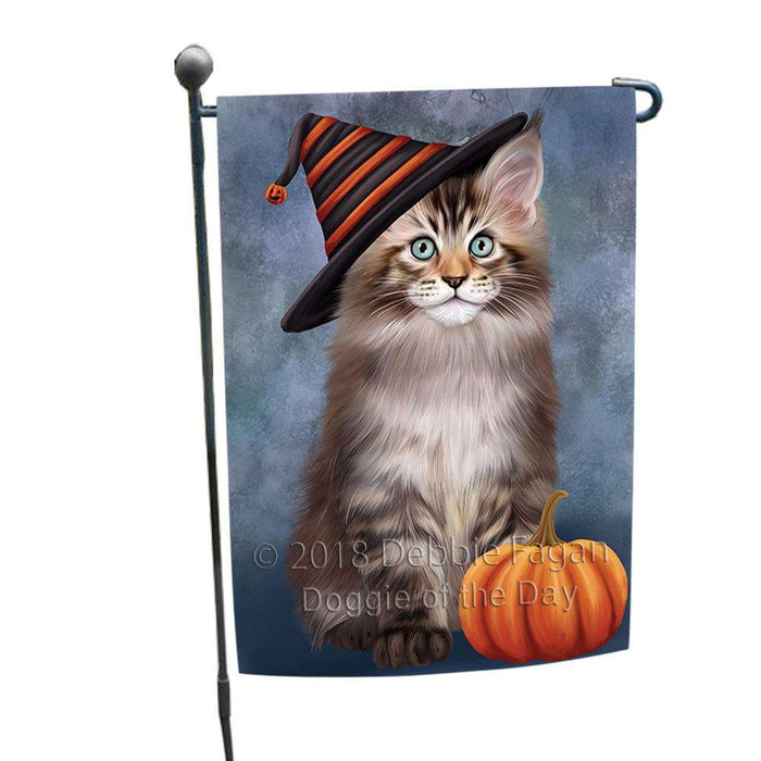 Happy Halloween Maine Coon Cat Wearing Witch Hat with Pumpkin Garden Flag GFLG54927