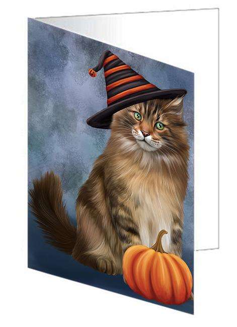 Happy Halloween Maine Coon Cat Wearing Witch Hat with Pumpkin Handmade Artwork Assorted Pets Greeting Cards and Note Cards with Envelopes for All Occasions and Holiday Seasons GCD68621