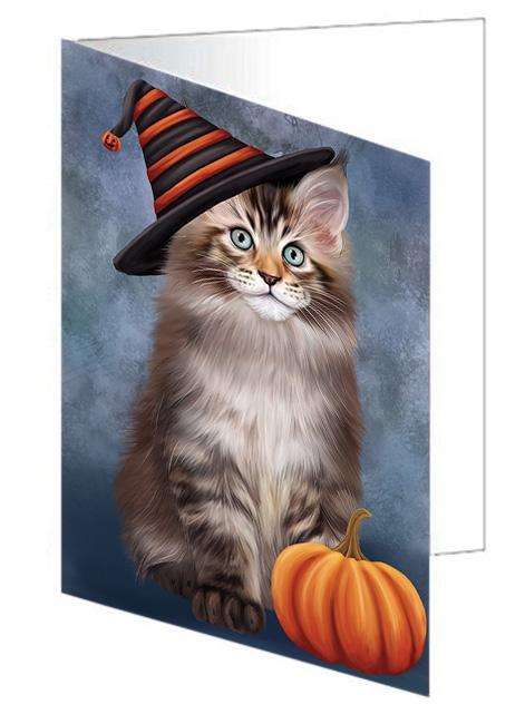 Happy Halloween Maine Coon Cat Wearing Witch Hat with Pumpkin Handmade Artwork Assorted Pets Greeting Cards and Note Cards with Envelopes for All Occasions and Holiday Seasons GCD68624