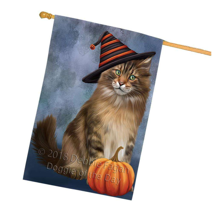 Happy Halloween Maine Coon Cat Wearing Witch Hat with Pumpkin House Flag FLG55062