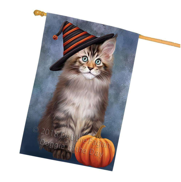 Happy Halloween Maine Coon Cat Wearing Witch Hat with Pumpkin House Flag FLG55063