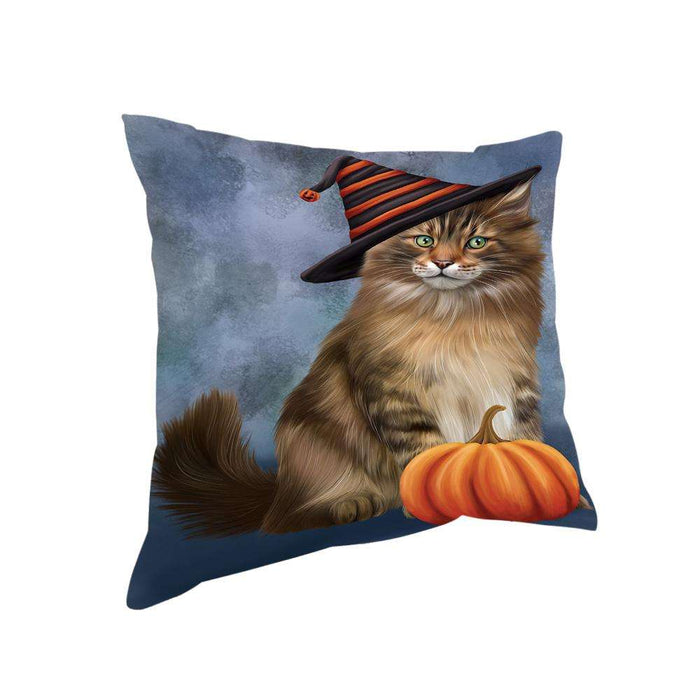 Happy Halloween Maine Coon Cat Wearing Witch Hat with Pumpkin Pillow PIL76080