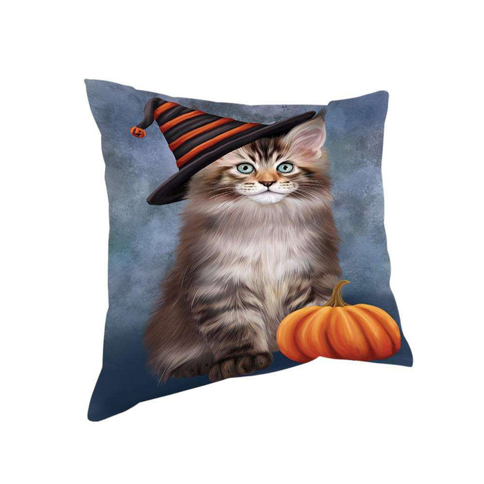 Happy Halloween Maine Coon Cat Wearing Witch Hat with Pumpkin Pillow PIL76084