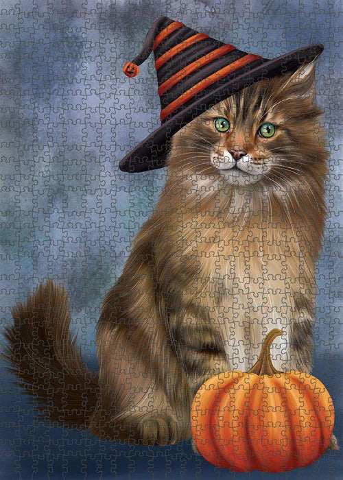Happy Halloween Maine Coon Cat Wearing Witch Hat with Pumpkin Puzzle with Photo Tin PUZL86612