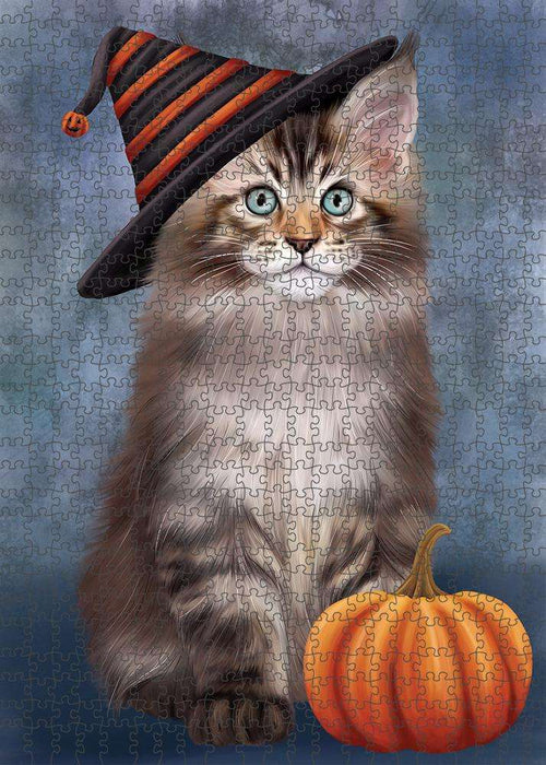 Happy Halloween Maine Coon Cat Wearing Witch Hat with Pumpkin Puzzle with Photo Tin PUZL86616