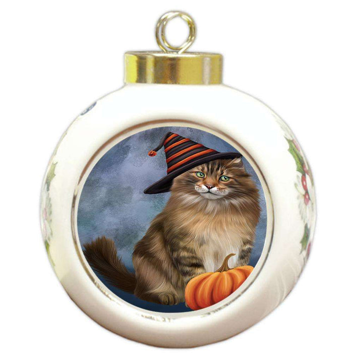 Happy Halloween Maine Coon Cat Wearing Witch Hat with Pumpkin Round Ball Christmas Ornament RBPOR54864