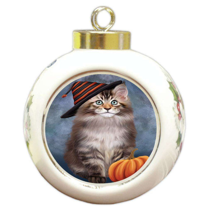 Happy Halloween Maine Coon Cat Wearing Witch Hat with Pumpkin Round Ball Christmas Ornament RBPOR54865