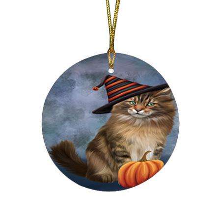 Happy Halloween Maine Coon Cat Wearing Witch Hat with Pumpkin Round Flat Christmas Ornament RFPOR54855