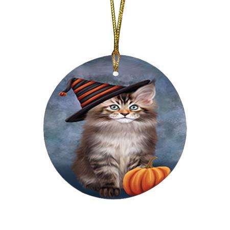 Happy Halloween Maine Coon Cat Wearing Witch Hat with Pumpkin Round Flat Christmas Ornament RFPOR54856