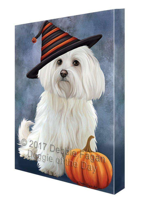 Happy Halloween Maltese Dog Wearing Witch Hat with Pumpkin Canvas Wall Art