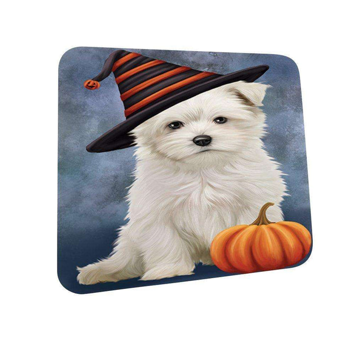 Happy Halloween Maltese Dog Wearing Witch Hat with Pumpkin Coasters Set of 4