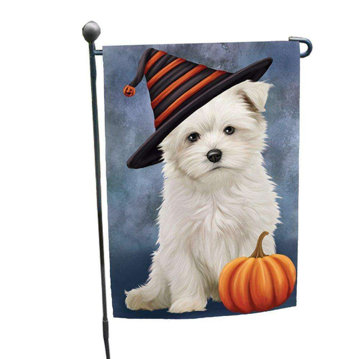 Happy Halloween Maltese Dog Wearing Witch Hat with Pumpkin Garden Flag