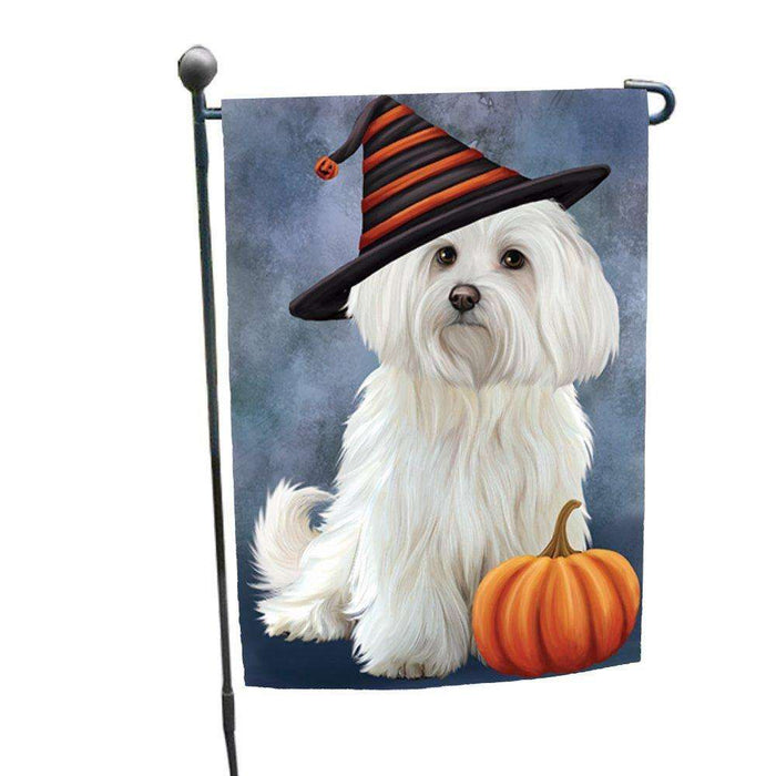 Happy Halloween Maltese Dog Wearing Witch Hat with Pumpkin Garden Flag