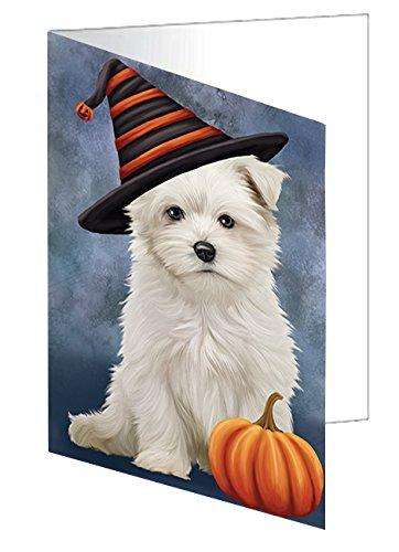 Happy Halloween Maltese Dog Wearing Witch Hat with Pumpkin Handmade Artwork Assorted Pets Greeting Cards and Note Cards with Envelopes for All Occasions and Holiday Seasons