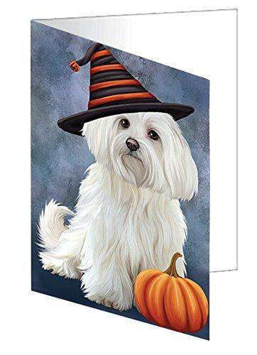 Happy Halloween Maltese Dog Wearing Witch Hat with Pumpkin Handmade Artwork Assorted Pets Greeting Cards and Note Cards with Envelopes for All Occasions and Holiday Seasons