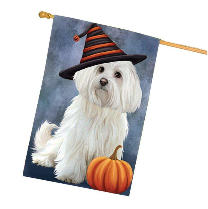 Happy Halloween Maltese Dog Wearing Witch Hat with Pumpkin House Flag