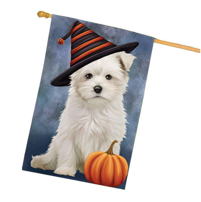 Happy Halloween Maltese Dog Wearing Witch Hat with Pumpkin House Flag